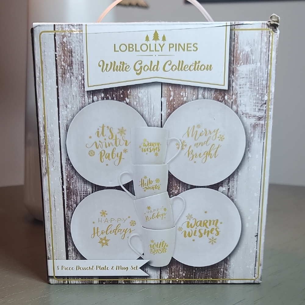 Loblolly Pines White Gold Dessert Plate and Mug Set Of 4 Each